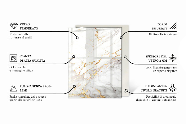 Rectangular glass table top with print Veined marble pattern