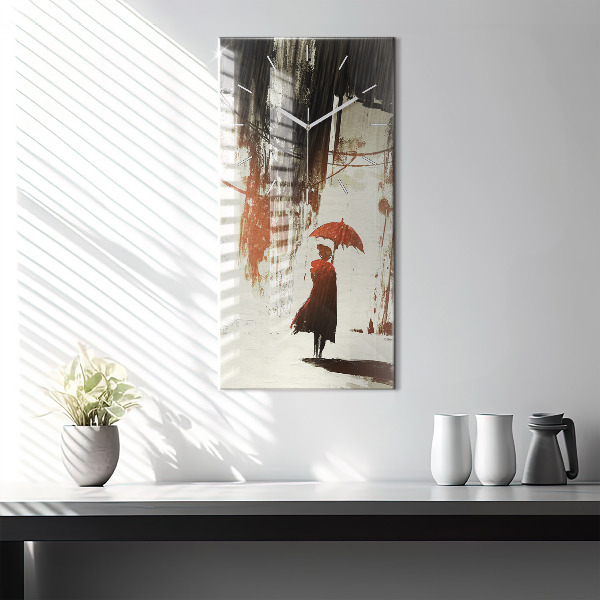 Modern vertical wall clock Woman on a rainy night