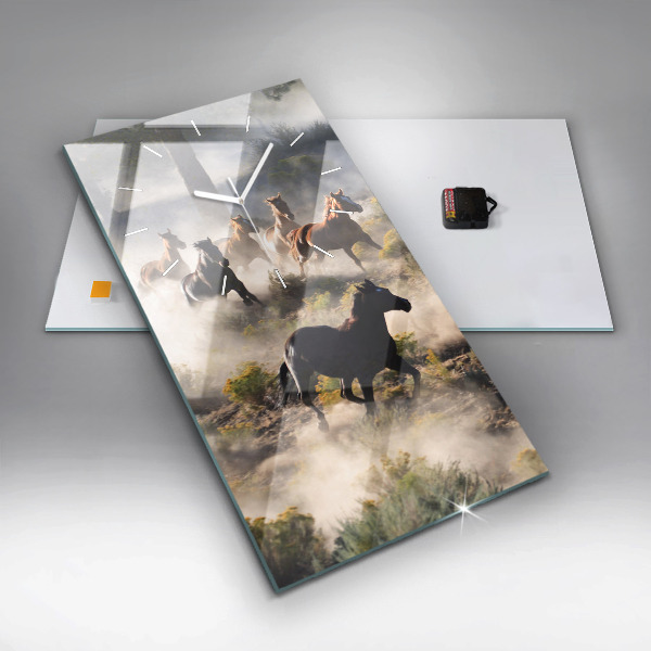 Modern vertical wall clock A herd of rushing horses