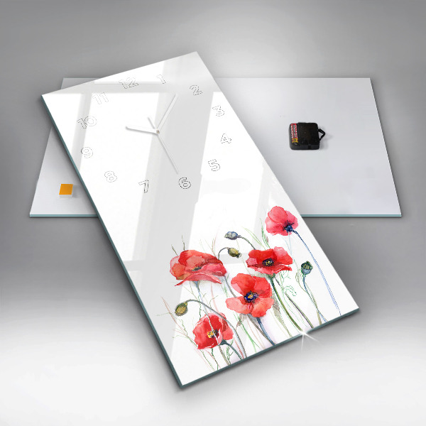Modern vertical wall clock Painted Red Poppies