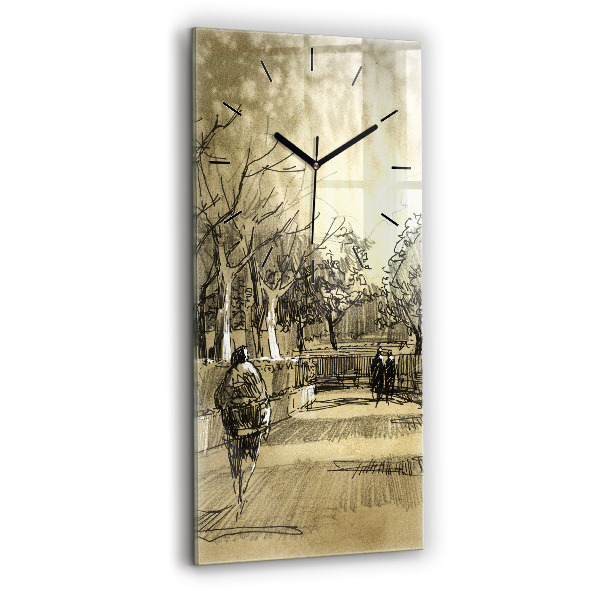 Modern vertical wall clock Park and trees in sepia
