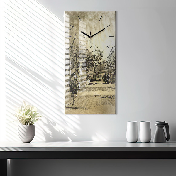 Modern vertical wall clock Park and trees in sepia