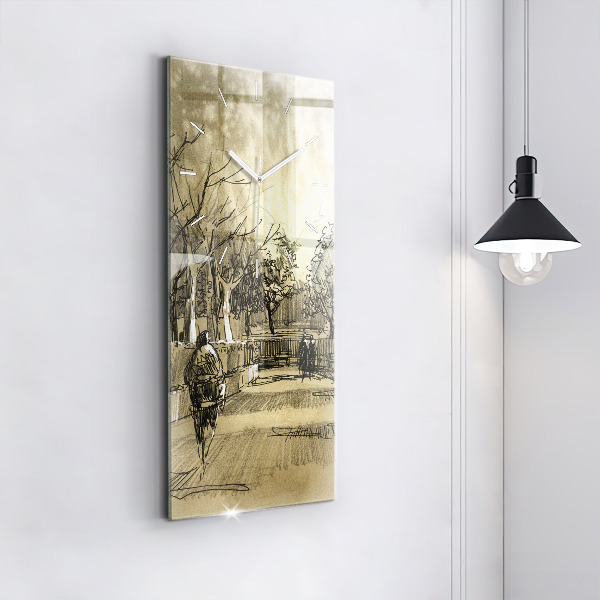 Modern vertical wall clock Park and trees in sepia