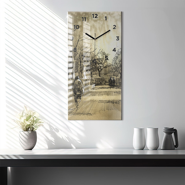 Modern vertical wall clock Park and trees in sepia