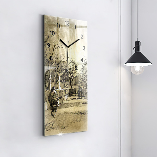 Modern vertical wall clock Park and trees in sepia