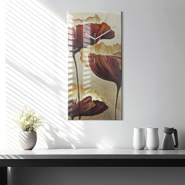 Modern vertical wall clock Painted poppies