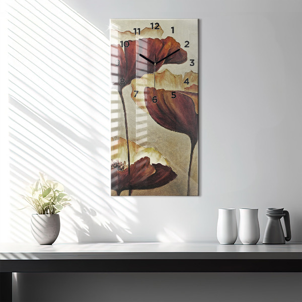 Modern vertical wall clock Painted poppies