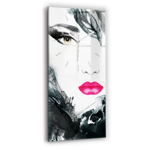 Modern vertical wall clock Portrait of a woman red lips