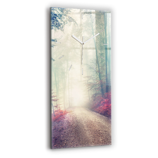 Modern vertical wall clock Autumn road Forest Fog