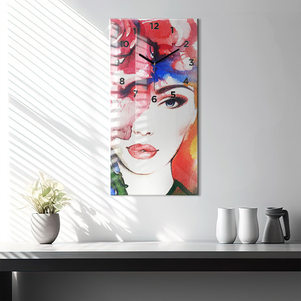 Modern vertical wall clock Colorful portrait of a woman