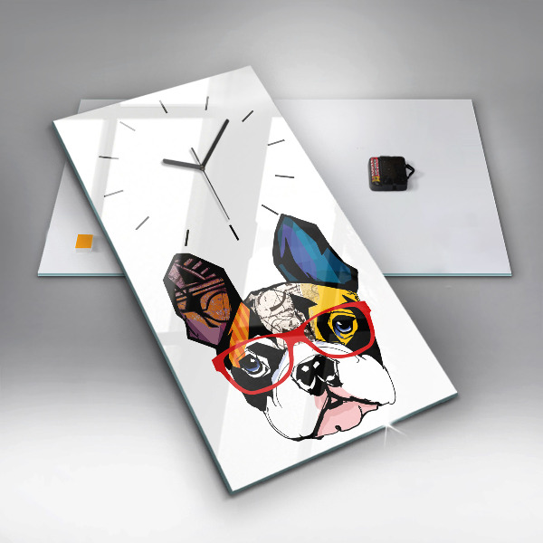 Modern vertical wall clock French bulldog with glasses