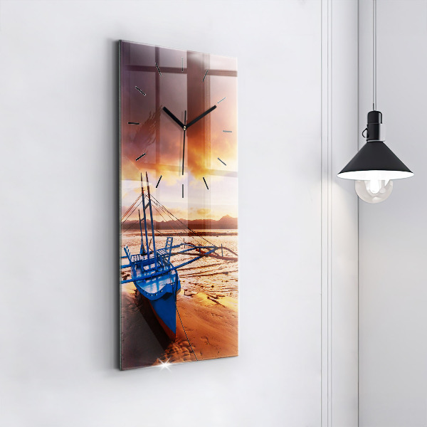 Modern vertical wall clock Boat and sunset