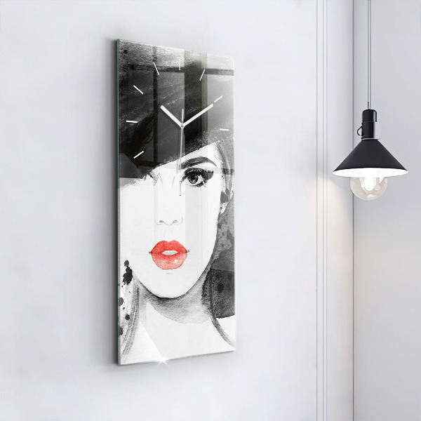 Modern vertical wall clock Woman in a hat