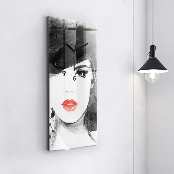 Modern vertical wall clock Woman in a hat