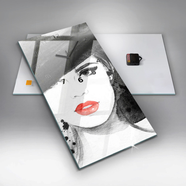 Modern vertical wall clock Woman in a hat