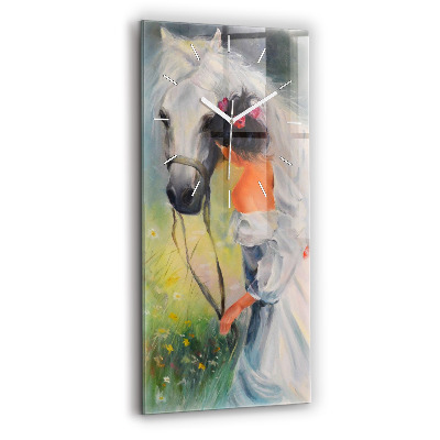 Modern vertical wall clock Beautiful woman with a horse