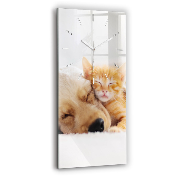 Modern vertical wall clock Sleeping cat and dog