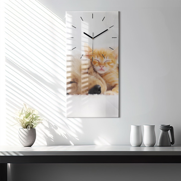Modern vertical wall clock Sleeping cat and dog