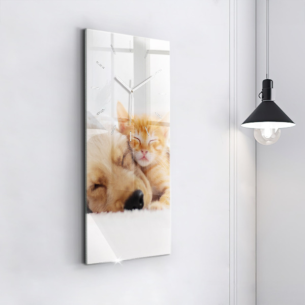Modern vertical wall clock Sleeping cat and dog