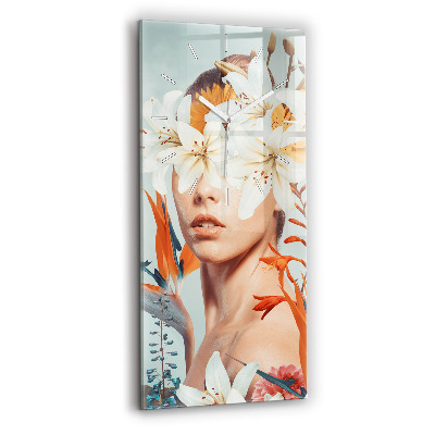 Modern vertical wall clock Woman with flowers