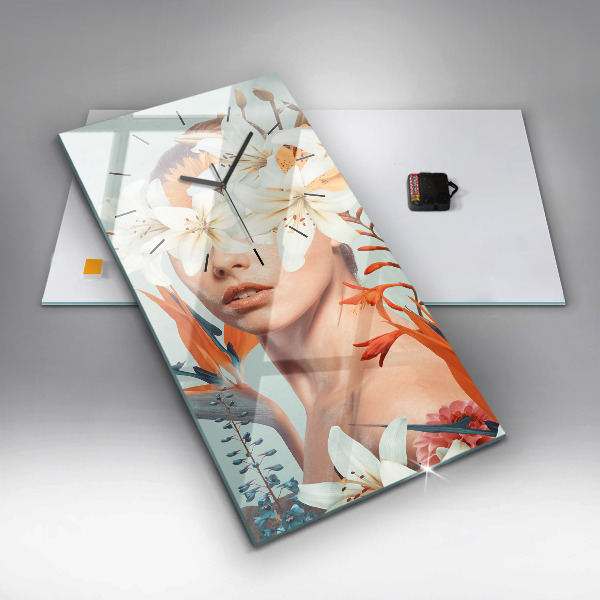 Modern vertical wall clock Woman with flowers