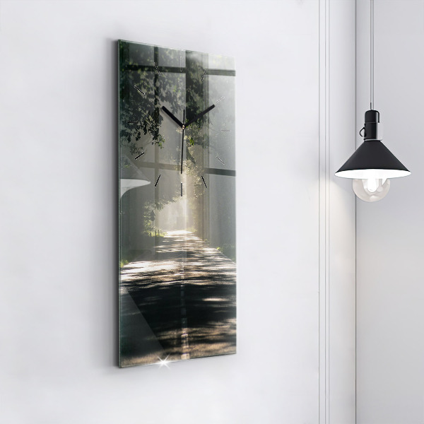 Modern vertical wall clock Forest road and streaks of sunlight