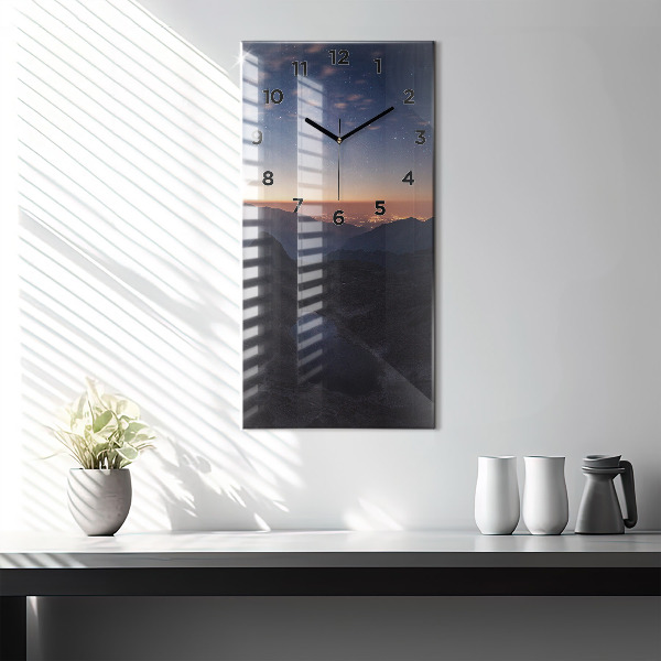 Modern vertical wall clock Mountains at sunset
