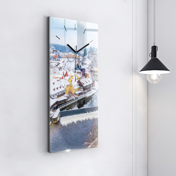 Modern vertical wall clock Panorama of the city in winter