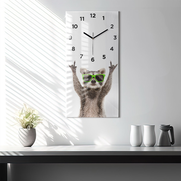 Modern vertical wall clock Raccoon with glasses
