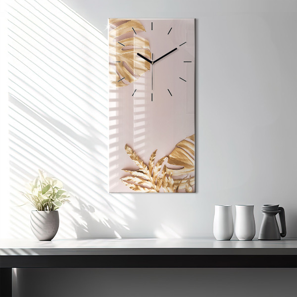 Modern vertical wall clock Golden tropical leaves