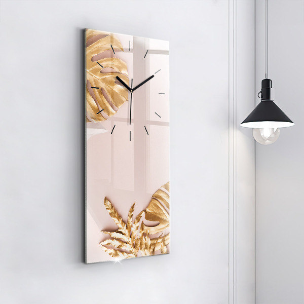 Modern vertical wall clock Golden tropical leaves