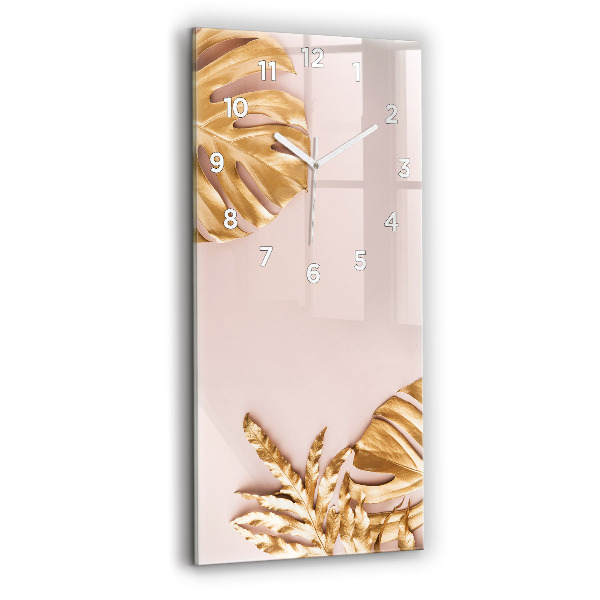 Modern vertical wall clock Golden tropical leaves