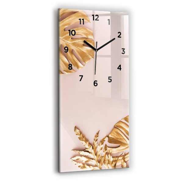 Modern vertical wall clock Golden tropical leaves