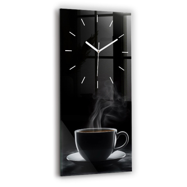 Modern vertical wall clock A cup of black coffee