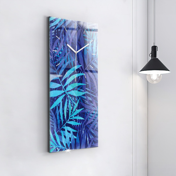Modern vertical wall clock Blue leaves