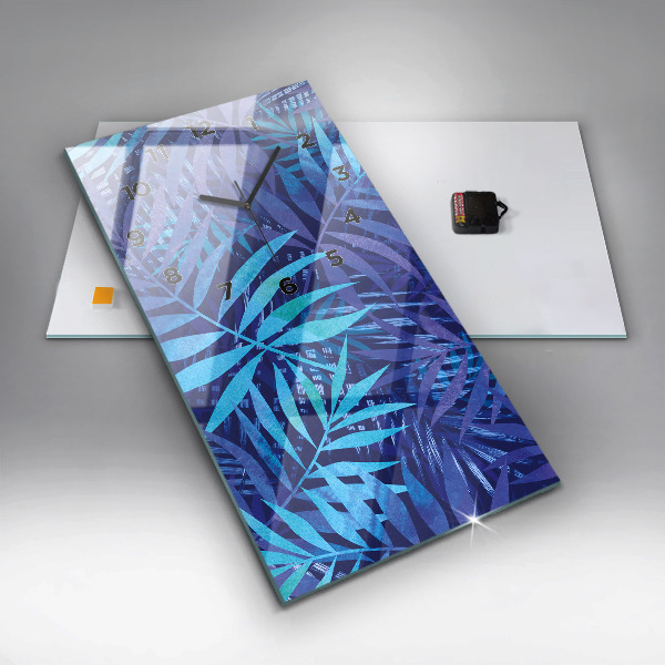 Modern vertical wall clock Blue leaves