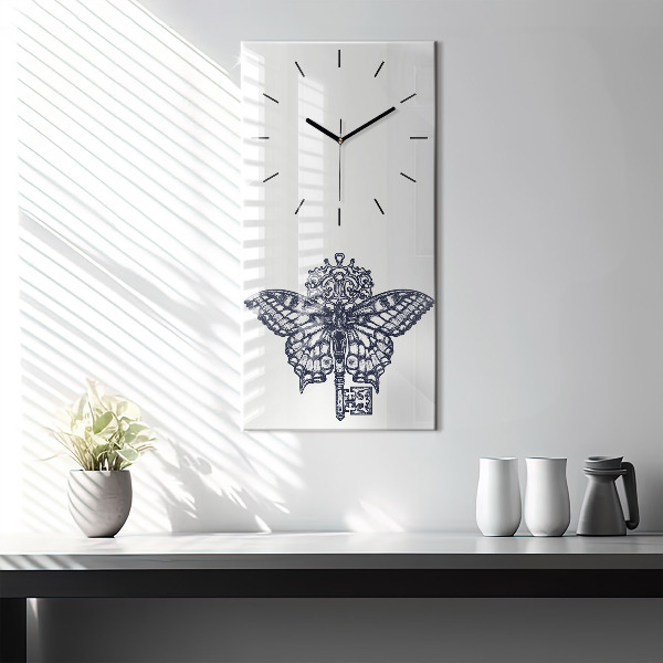 Modern vertical wall clock Butterfly and key - boho style