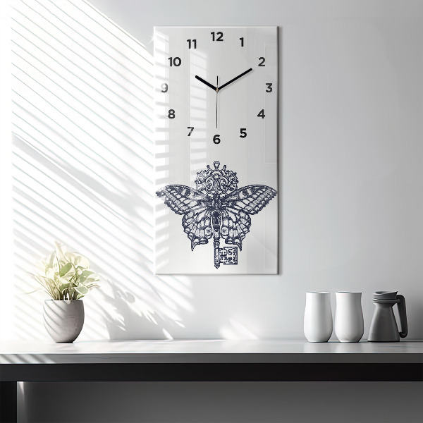 Modern vertical wall clock Butterfly and key - boho style