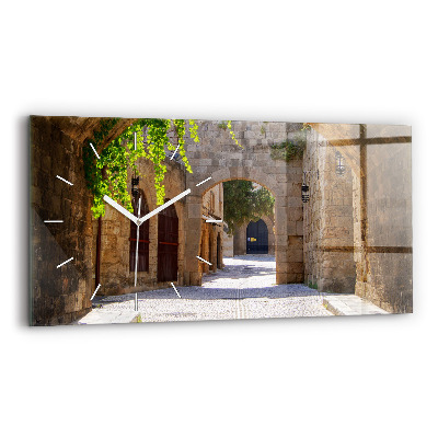 Glass wall clock rectangular Picturesque street of Rhodes