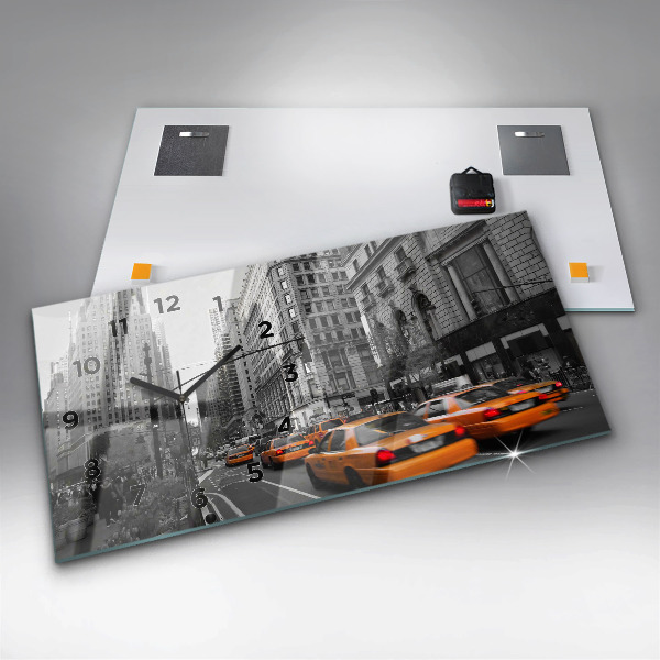 Glass wall clock rectangular Manhattan and Taxis