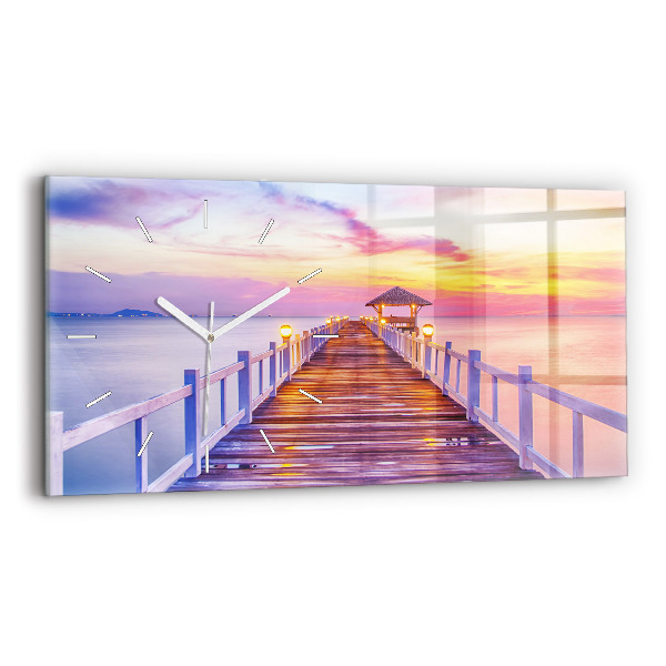 Glass wall clock rectangular The bridge in the port in the evening