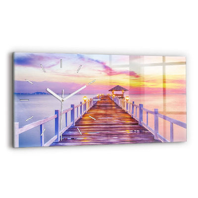 Glass wall clock rectangular The bridge in the port in the evening