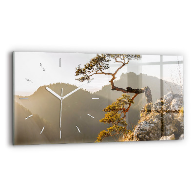 Glass wall clock rectangular A tree in the mountains