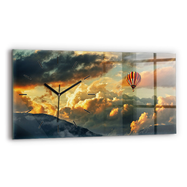 Glass wall clock rectangular Balloon flight in the clouds