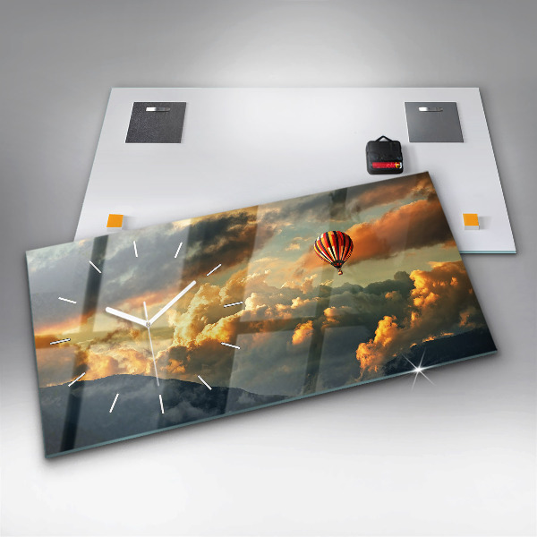 Glass wall clock rectangular Balloon flight in the clouds