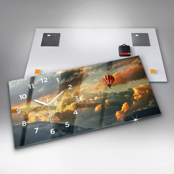 Glass wall clock rectangular Balloon flight in the clouds