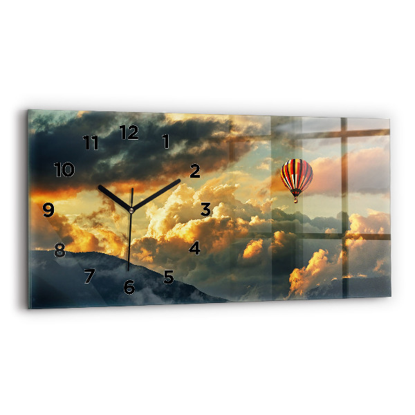 Glass wall clock rectangular Balloon flight in the clouds
