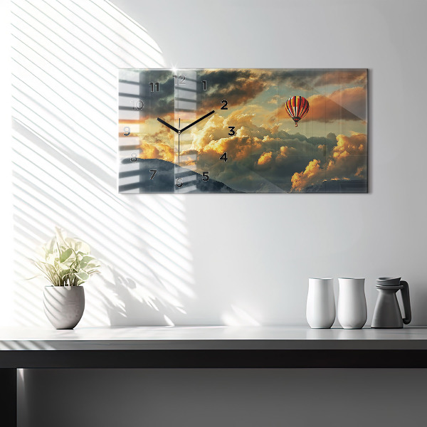 Glass wall clock rectangular Balloon flight in the clouds