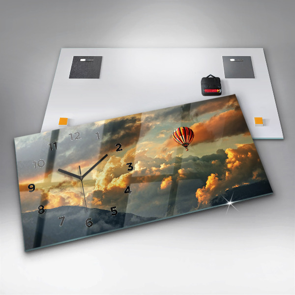 Glass wall clock rectangular Balloon flight in the clouds