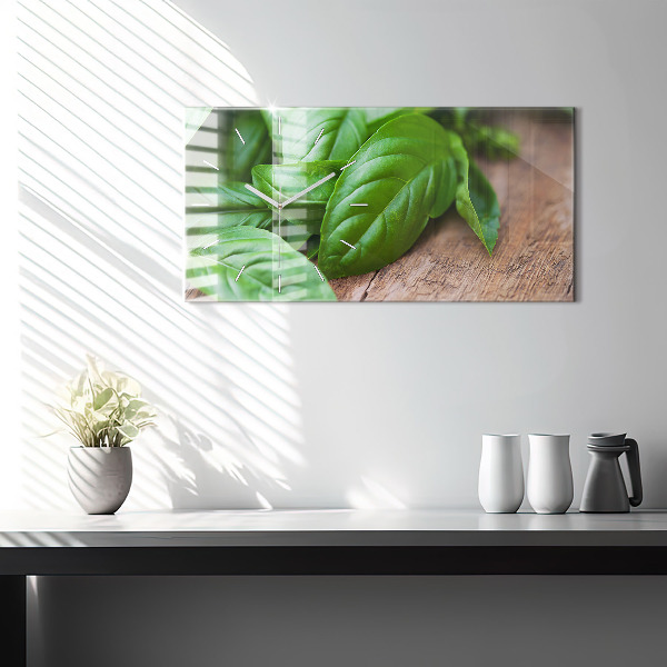 Glass wall clock rectangular Basil leaves